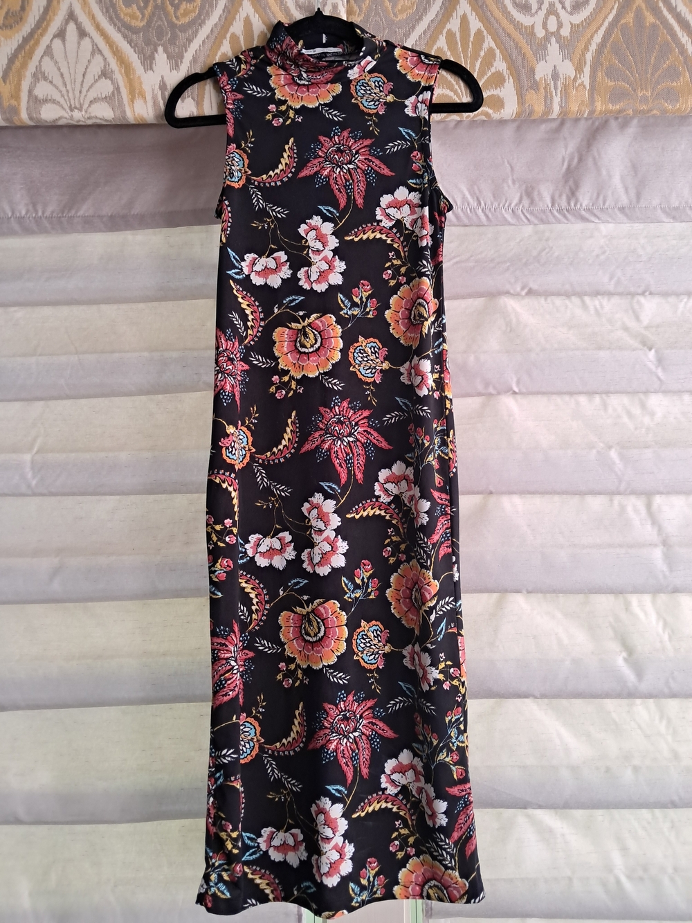 OoDJI Black Floral Print Dress with Coral and Yellow Accents